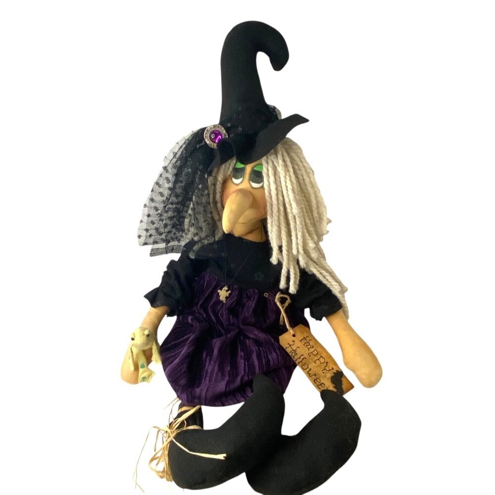 Monnie Wilson Witch Rag Doll Velvet Dress Yarn Hair Frog Signed 2010 Halloween
